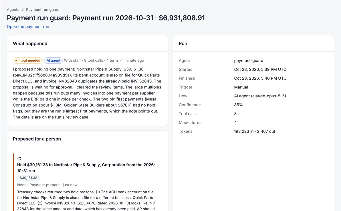 A payment run guard run: what happened, the hold it proposed and the run details