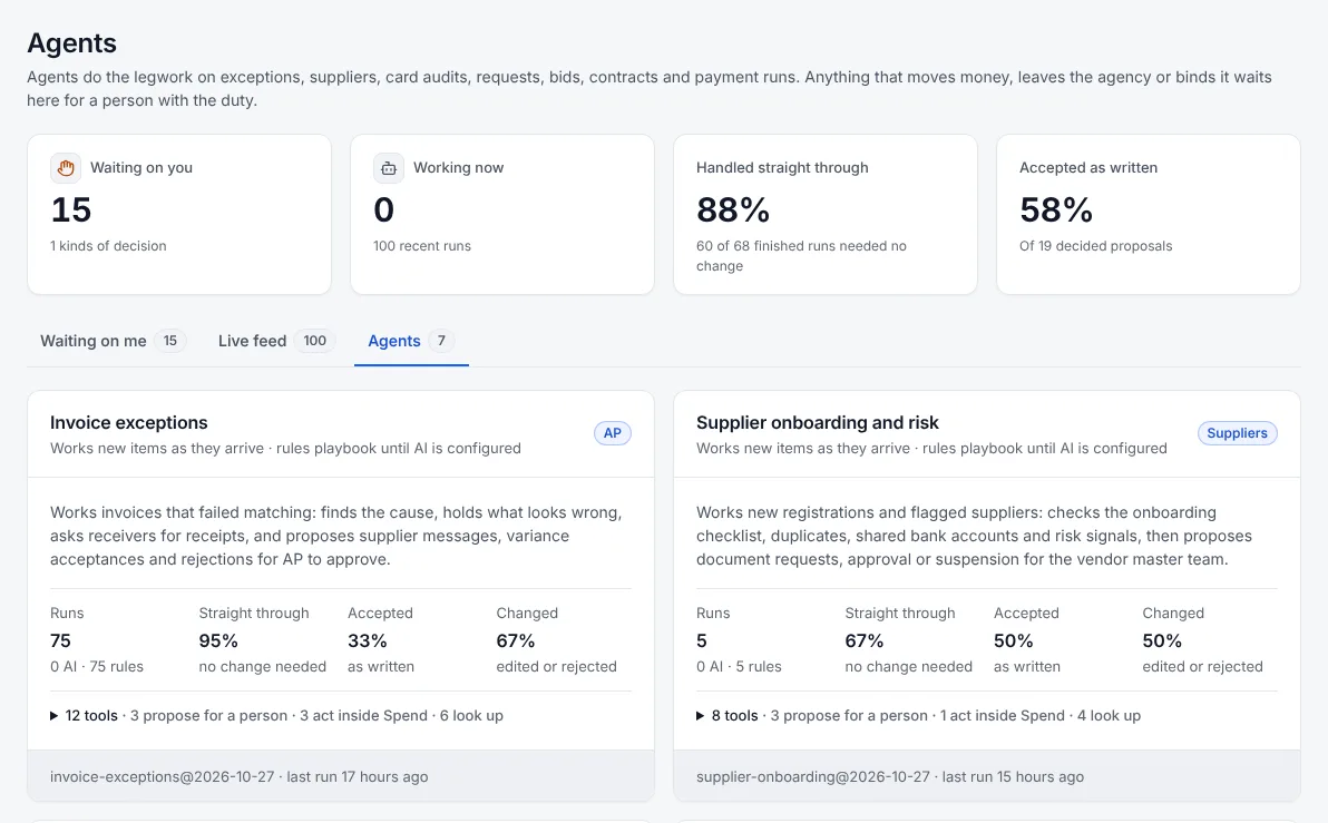 The Agents page with waiting decisions, the live feed and agent cards with their rates