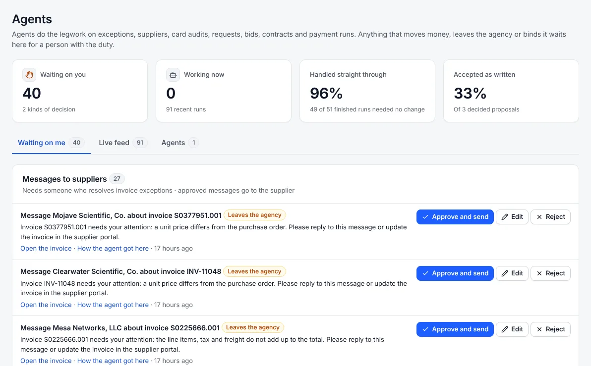 The Agents page: supplier messages drafted by the invoice exceptions agent, each waiting for a person to approve and send