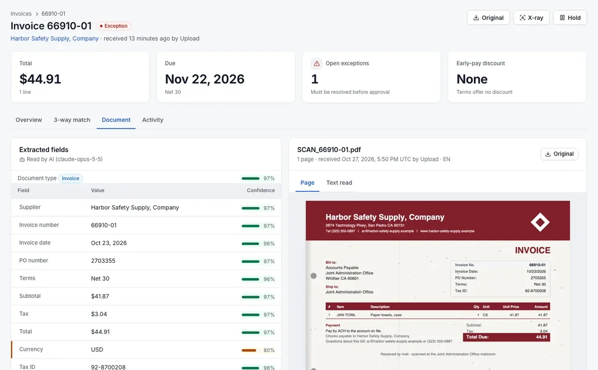An invoice's extracted fields with confidence next to the scanned page