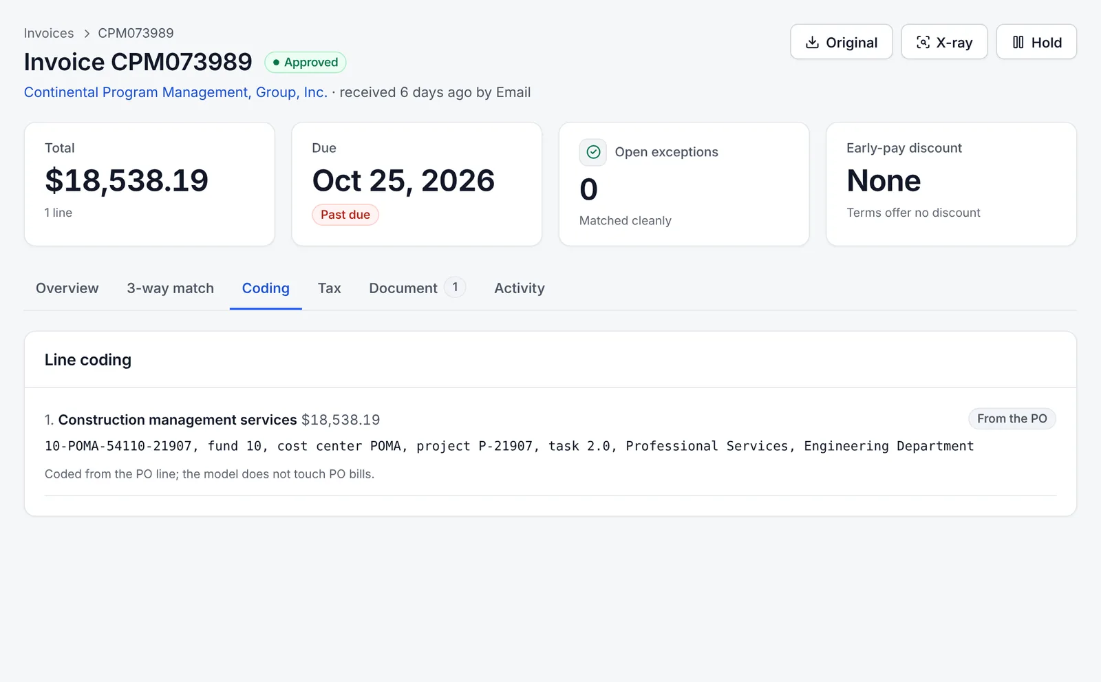 Line coding tab with fund, cost center and project
