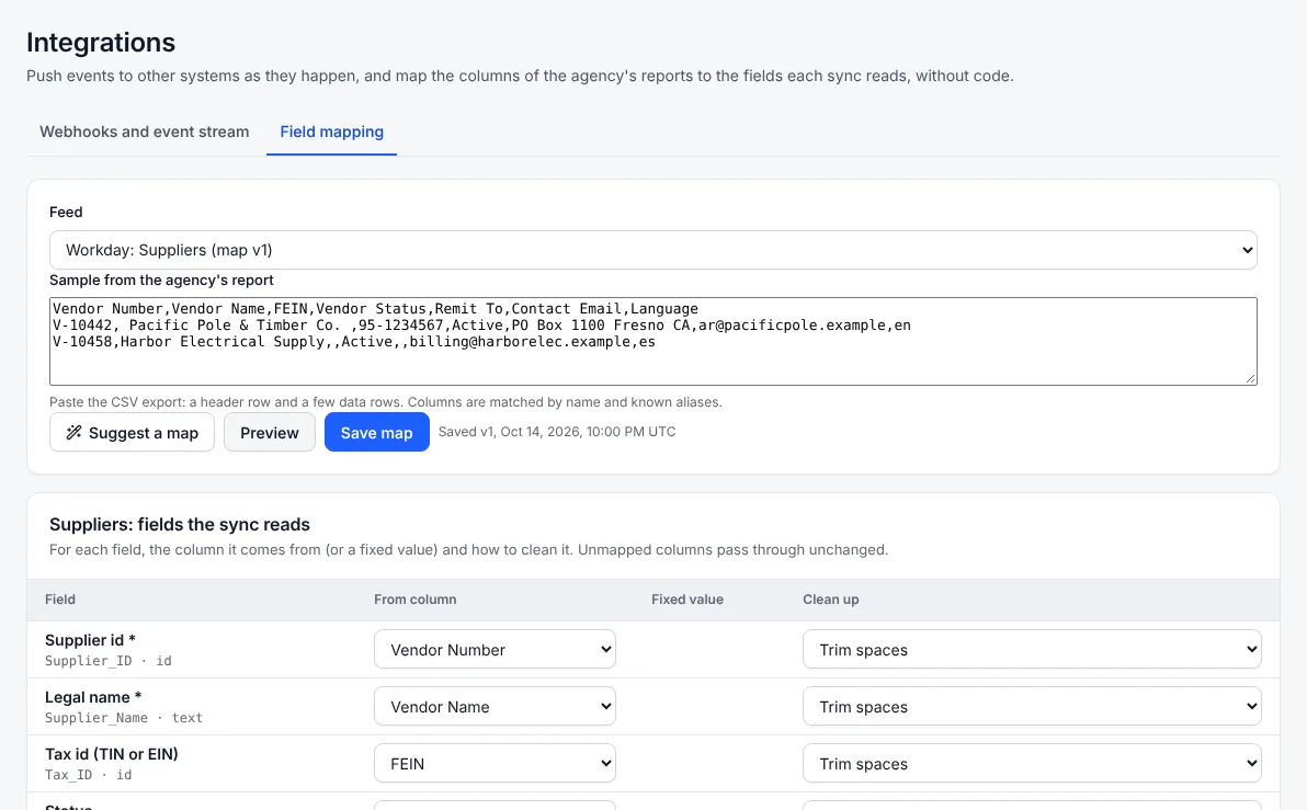 The field mapping screen with a Workday supplier report sample and mapped fields