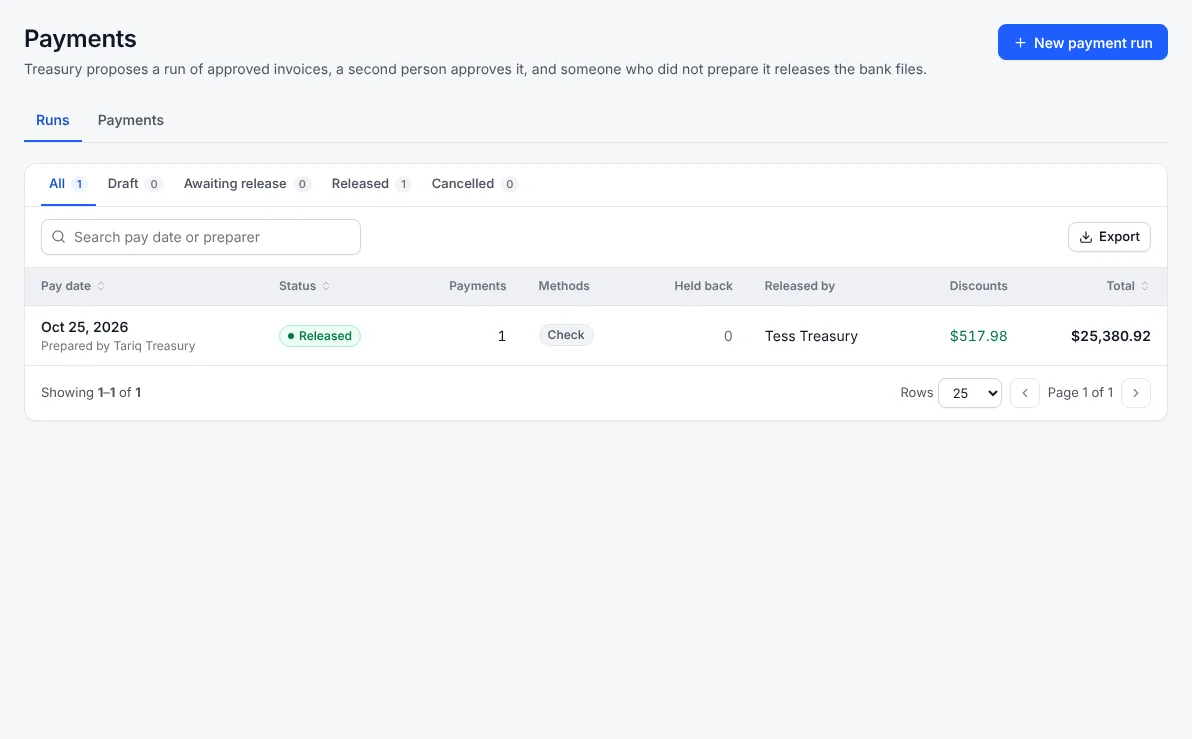 Payment runs list with status, method and discounts