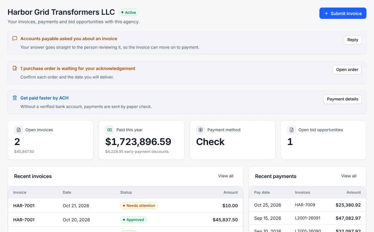 Supplier portal home with open invoices, payments and bids